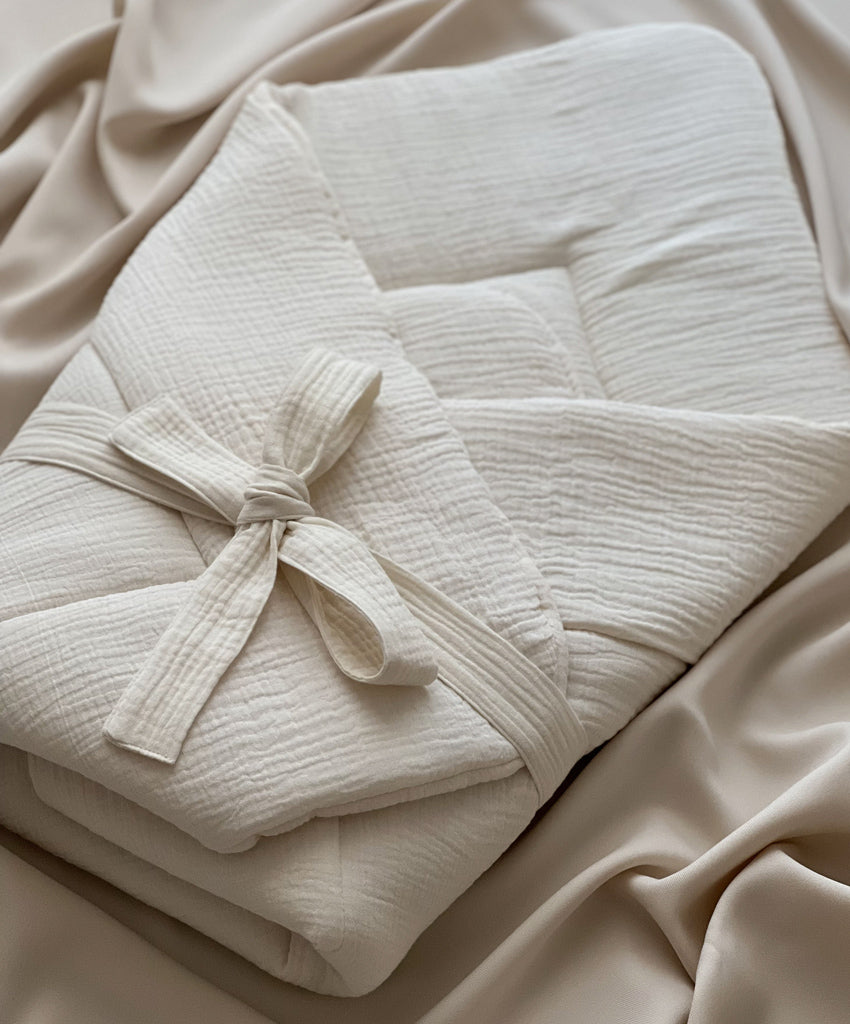Swaddle wrap muslin blanket with bow vanilla