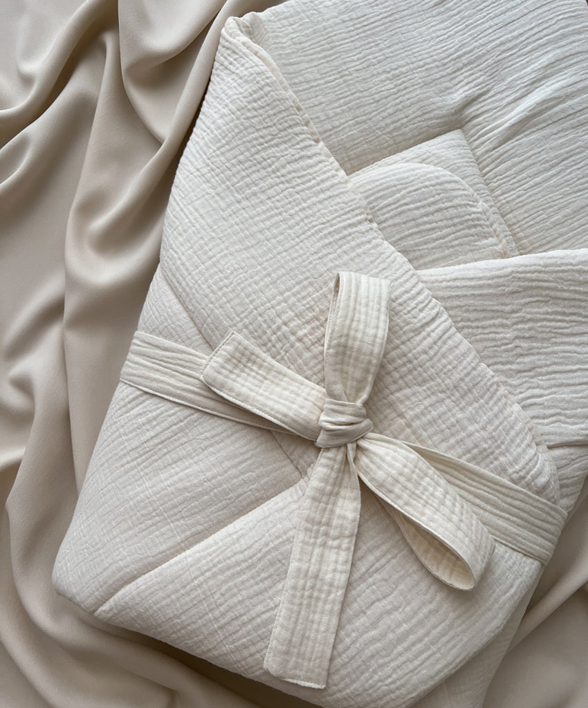 Swaddle wrap muslin blanket with bow vanilla
